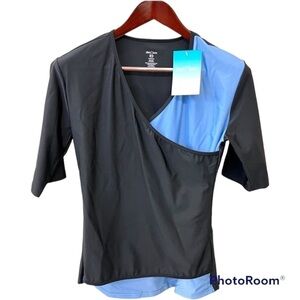 SlimU Swim surplice compression top, ellbow length sleeve, blue/black, sz 38/12